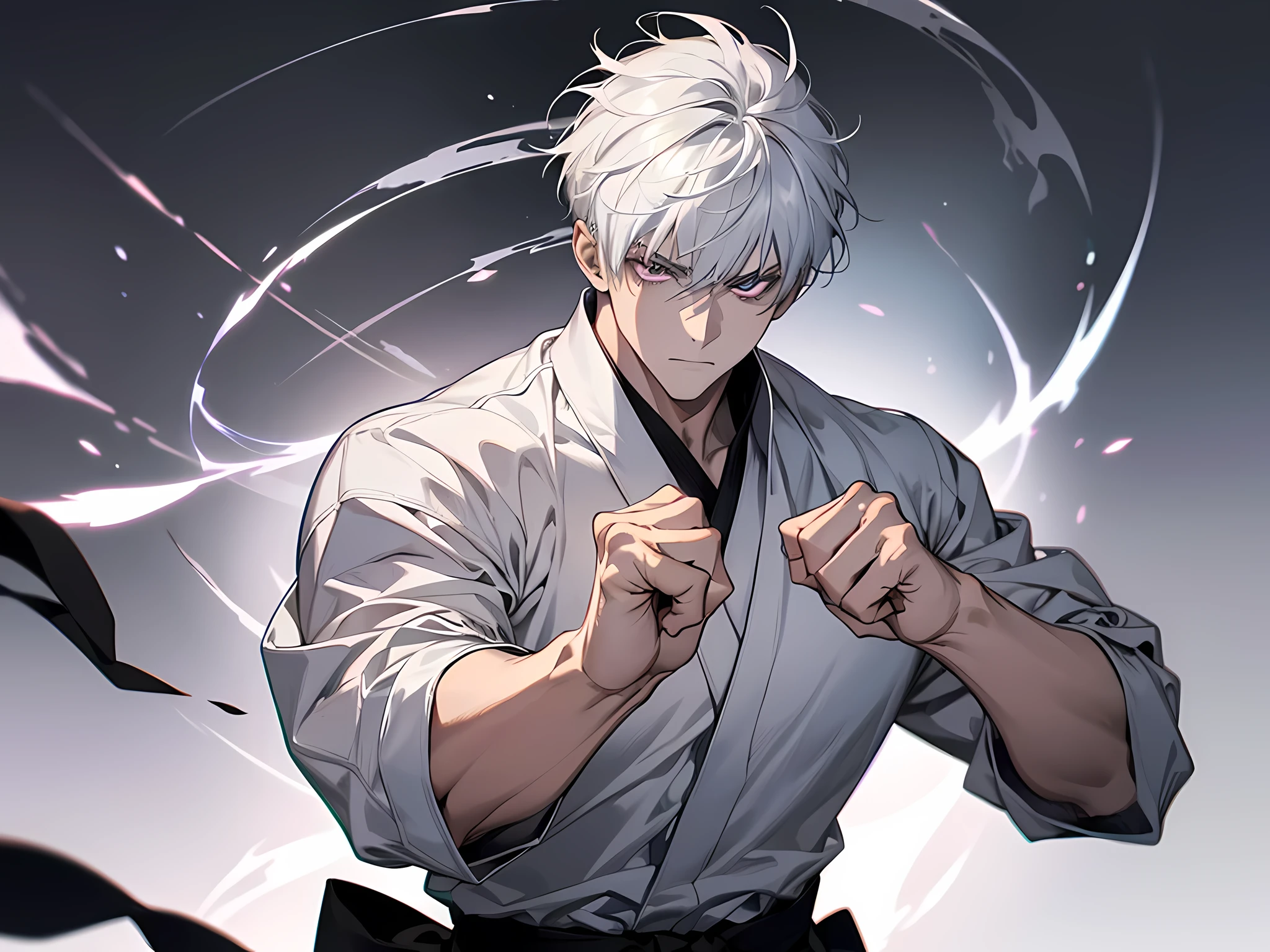 1 man, wearing white shirt, short hair, half black half white hair, detailed eyes, face to detail, arrogant facial expression, fighting pose, clenched fist, perfect hands, Qi aura surrounding his body, the background is at dojo, half-body illustration