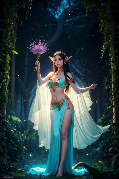 A beautiful exotic elf eyed Woman wanderer traveling through an enchanted elvish land, the land green and vines and thorns, elf ...