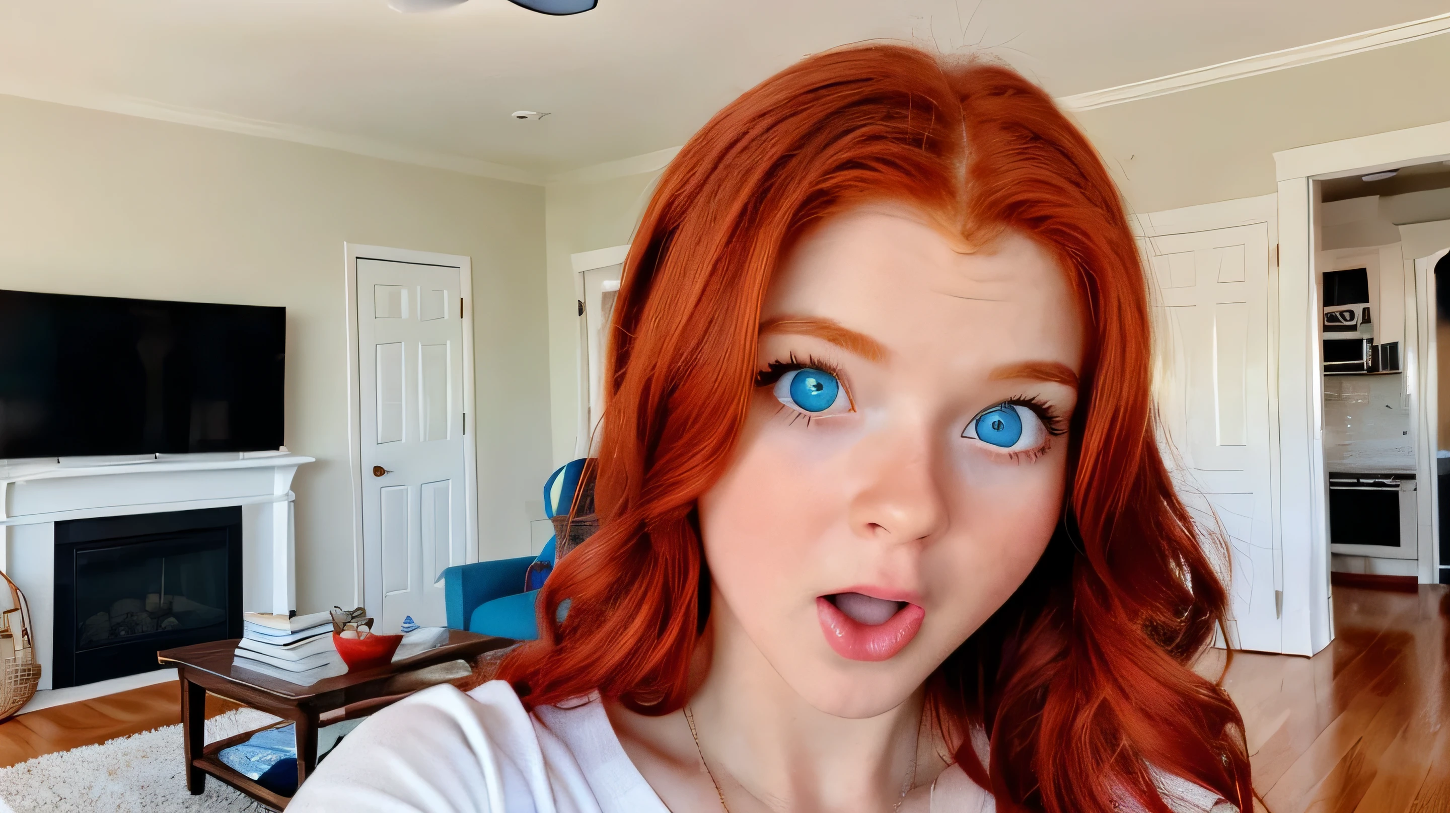 There is a woman with red hair and blue eyes making a face - SeaArt AI