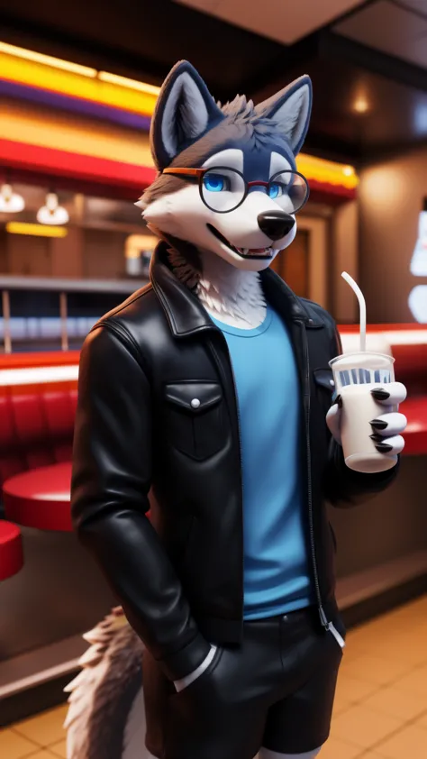 fursuit wolf male wearing nerdola glasses blue eyes realistic background of a diner blurred background wearing a black jacket a blue shirt and black shorts posing for the camera embarrassed expression red cheeks alone drinking a milk shake ultra realistic 20 year old gay young man in 3D Unreal Engine 9 