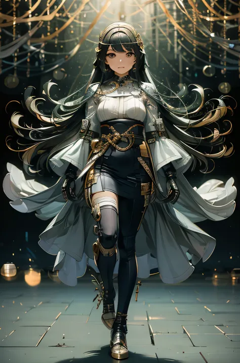 magine a powerful, elegant animated character with long, layered dark hair adorned with an advanced UI accessories. playful body...