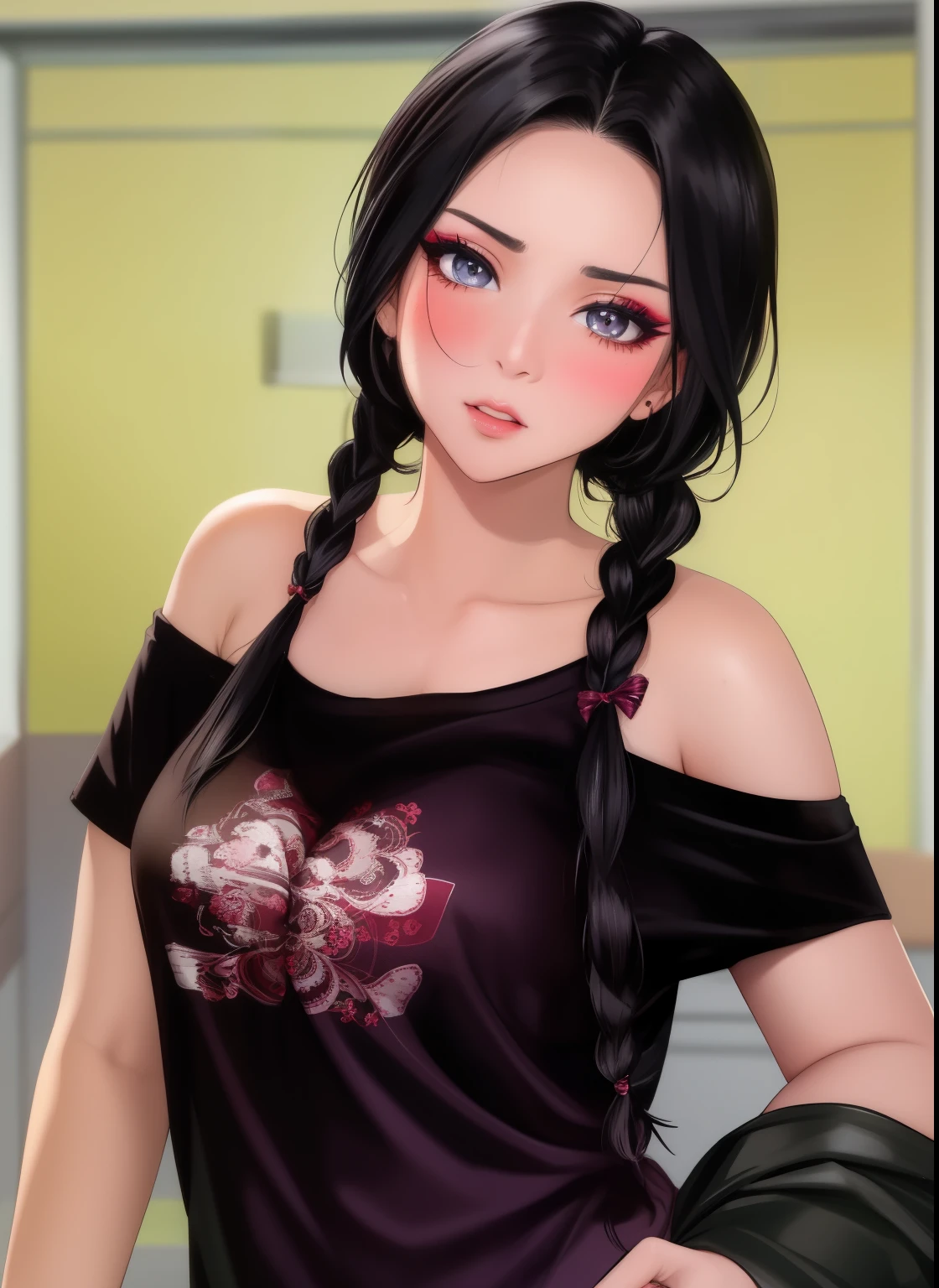 A woman with long black hair and a black top is posing - SeaArt AI