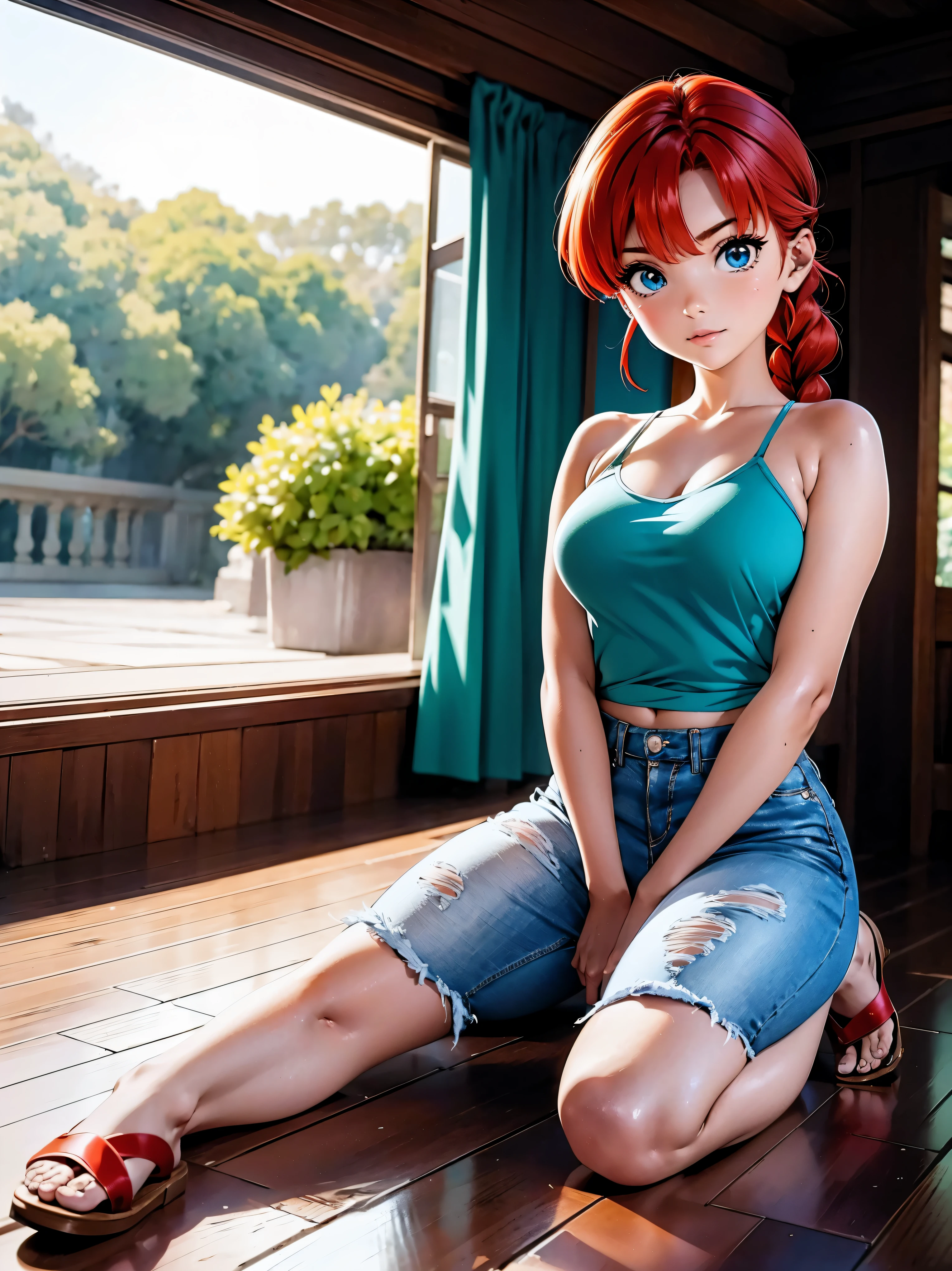 Garota anime ruiva com bermuda jeans azul e blusa roxa, 16 anos, agachada, sentada com pernas cruzadas, corpo bonito, seios grandes, COM AS MÃOS ATRÁS DA CABEÇA, passando as mãos pelo cabelo, garota sexy, red cabelo com trança, iluminação linda, sombras suaves, olhos azuis, pernas bonitas, cabelo com trança, estilo anime, Ranma Chan, Autora Rumiko Takahashi, Baseado em obra de Rumiko Takahashi, Anime Ranma 1/ 2, decote sexy, quadril robusto, corpo inteiro, corpo completo, busto grande, garota jovem com corpo belo e bonito, sandália nos pés, garota  jovem baixa estatura, vestindo bermuda jeans azul e blusa roxa linda, garota anime, estilo anime, lindos pés em sandálias, sentado no chão, ângulo de visão 45°