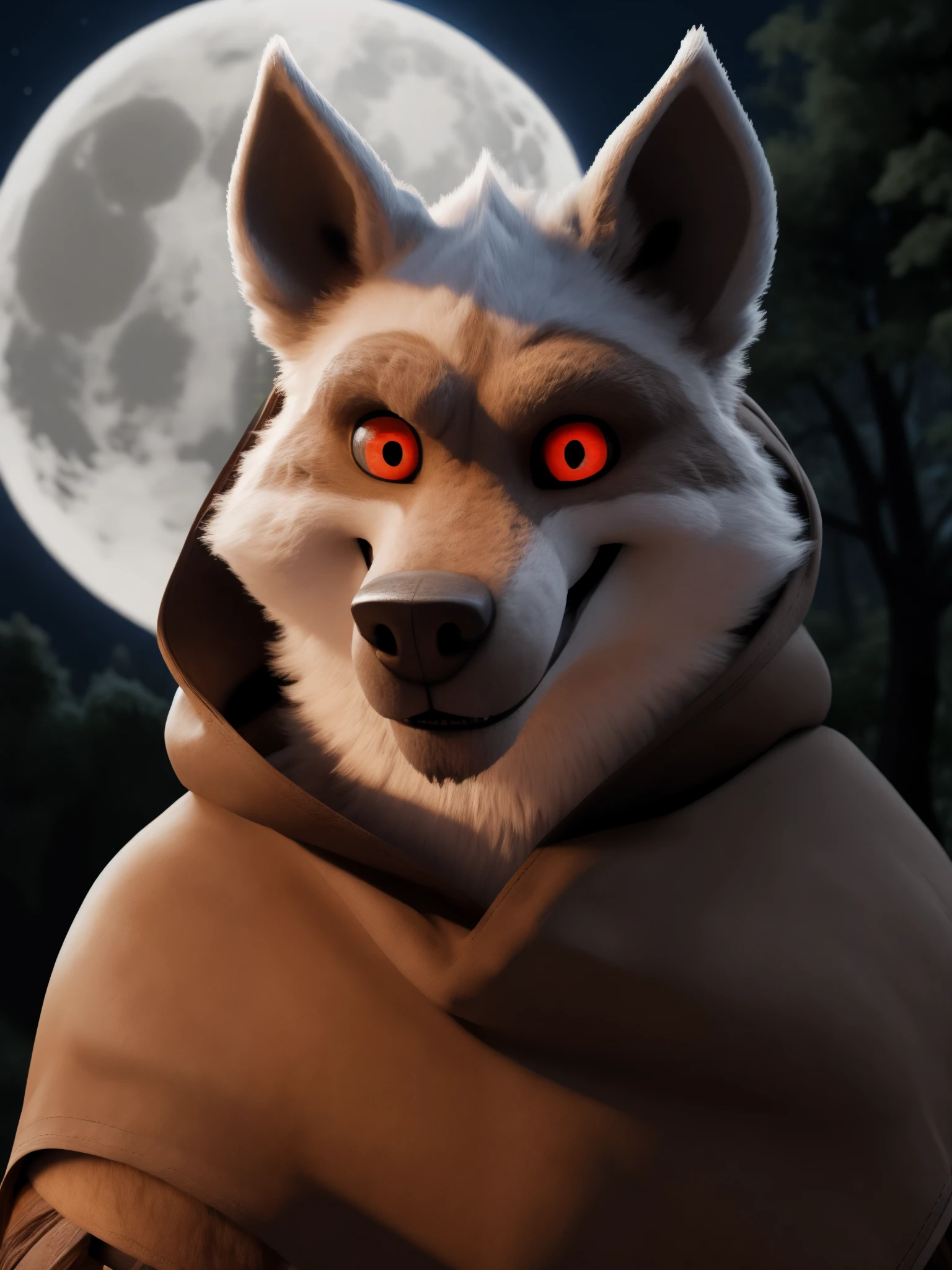 best quality, ultra high res,1furry boy， solo，detailed eyes, volumetric lighting, amazing, finely detail, cowboy shot, cloak , white fur, red eyes, white sclera, bright pupils, bright atmosphere, muscular, upper body, from back Looking at the viewer Cowboy hat realistic background of a forest with full moon 