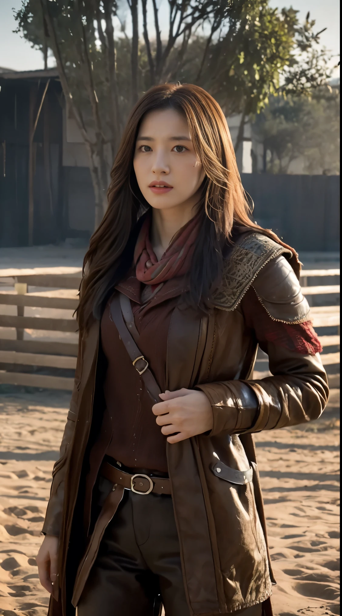 Retrato de uma mulher guerreira fica na frente do cavalo, Jogo Assassin&#39;s Creed, foto realista, pós-apocalipto