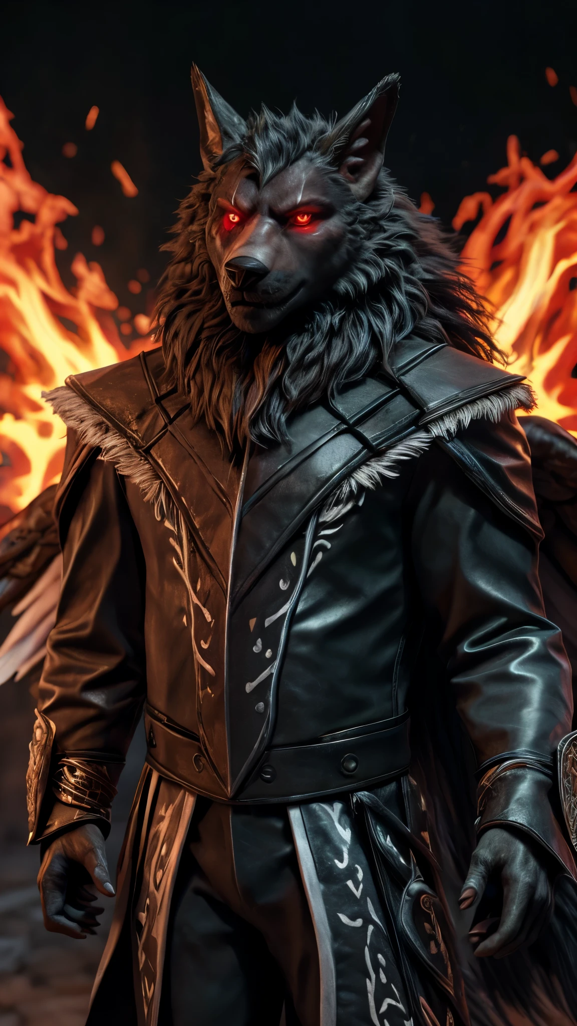 (best quality, K 120K, high resolution, masterpiece:1.2), ultra-detailed, (photorealistic:1.37), (the ultimate Orochi Lyall), glowing red eyes, looking at the viewer, detailed facial features, even wearing a outfit very similar to Iori Yagami's, background from The King of Fighters XV, fire background, serious expression on the face Black angel wings open 