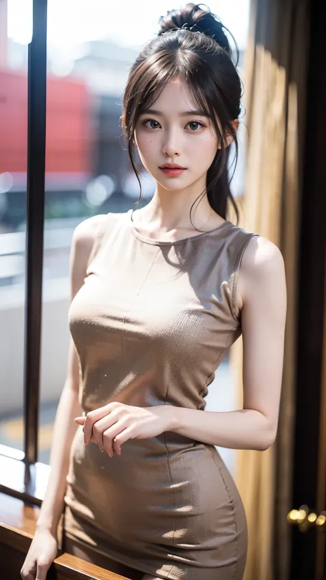 ((top quality、8k、​masterpiece:1.3))、a tall and beautiful woman、perfect figure:1.4、slim abs、dark brown hairstyle、shorth hair、no p...