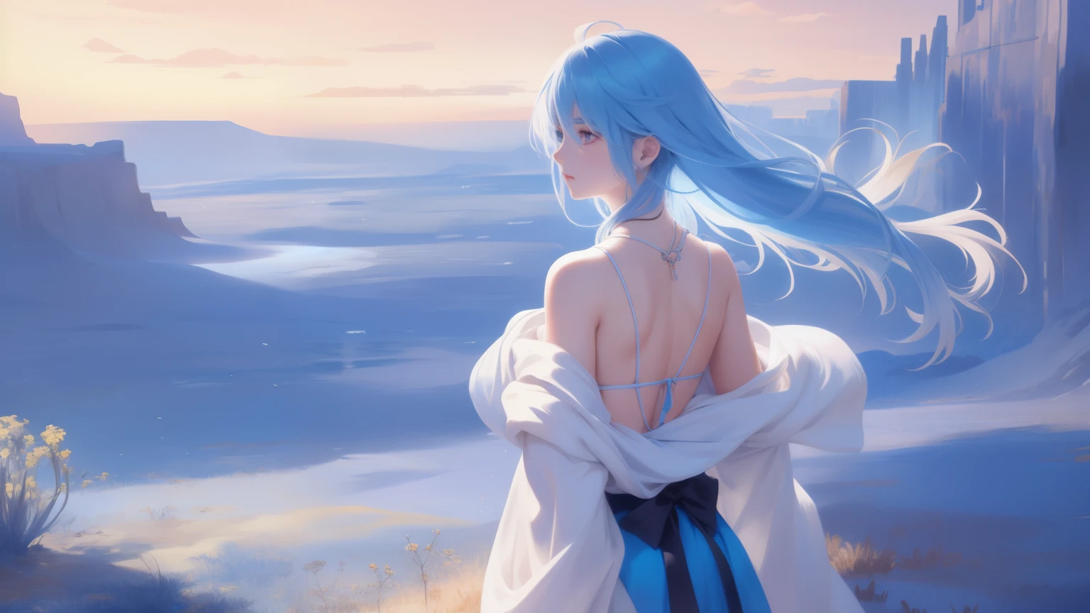  high quality,1girl，Super detailed CG illustration of a young man with a calm expression, stare into the distance，His striking light blue hair blew gently in the desert breeze. The landscape behind him is vast and stunning, Taking viewers into a world of wonder and discovery.More creativity