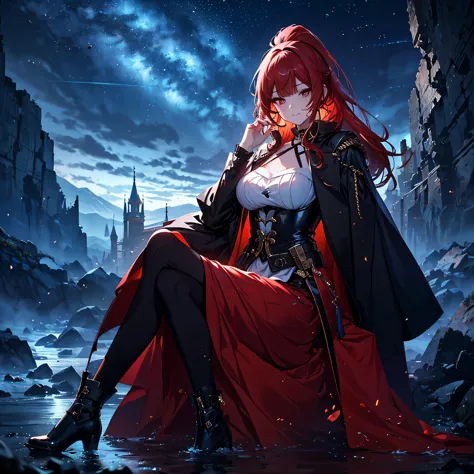 (masterpiece, highest quality,8K quality) adult woman, married woman, red long hair，red long skirt, He has a black sheath in one...