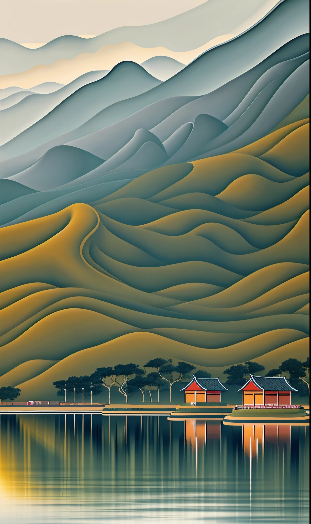 Pintura de paisaje china a mano alzada., una caja de pequeños monjes caminando felizmente por la carretera, con montañas y ríos, árboles, nubes, y pájaros, acuarelas tradicionales chinas (reflexión), límites claros de luces y sombras, efectos de luces y sombras, obras maestras, súper detalles, Obras épicas, Ultra Alta Definición, alta calidad, pincelada a mano alzada, minimalism, Fondo de pantalla unificado de 8k, súper detalles,