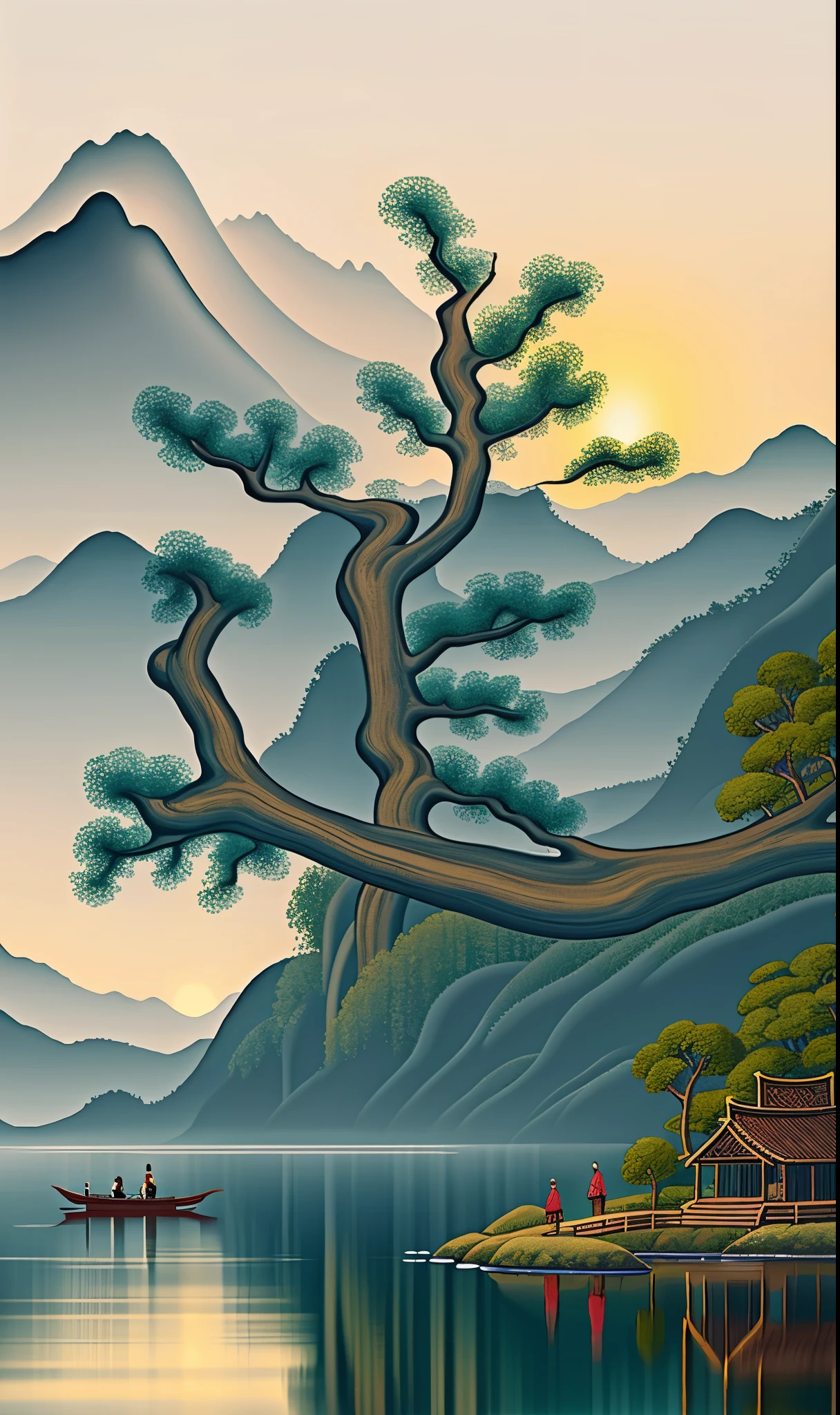 Peinture chinoise de paysage à main levée, une boîte de petits moines marchant joyeusement sur la route, mettant en vedette des montagnes et des rivières, des arbres, des nuages, et les oiseaux, Aquarelles traditionnelles chinoises (réflexion), limites claires de lumière et d&#39;ombre, Effets de lumière et d&#39;ombre, chefs-d&#39;œuvre, Super détails, Œuvres épiques, ultra haute définition, haute qualité, travail au pinceau à main levée, Minimalisme, fond d&#39;écran unifié 8k, Super détails,