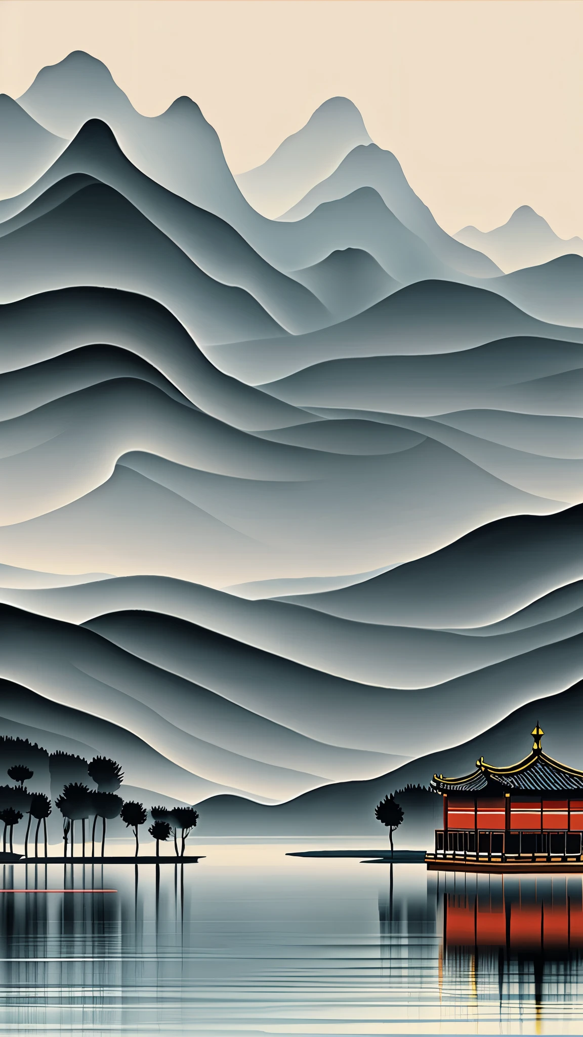 Peinture chinoise de paysage à main levée, une boîte de petits moines marchant joyeusement sur la route, mettant en vedette des montagnes et des rivières, des arbres, des nuages, et les oiseaux, Aquarelles traditionnelles chinoises (réflexion), limites claires de lumière et d&#39;ombre, Effets de lumière et d&#39;ombre, chefs-d&#39;œuvre, Super détails, Œuvres épiques, ultra haute définition, haute qualité, travail au pinceau à main levée, Minimalisme, fond d&#39;écran unifié 8k, Super détails,