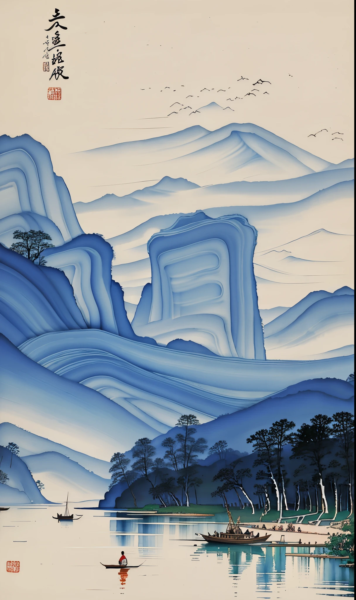 Peinture chinoise de paysage à main levée, une boîte de petits moines marchant joyeusement sur la route, mettant en vedette des montagnes et des rivières, des arbres, des nuages, et les oiseaux, Aquarelles traditionnelles chinoises (réflexion), limites claires de lumière et d&#39;ombre, Effets de lumière et d&#39;ombre, chefs-d&#39;œuvre, Super détails, œuvres épiques, ultra haute définition, haute qualité, travail au pinceau à main levée, Minimalisme, fond d&#39;écran unifié 8k, Super détails,