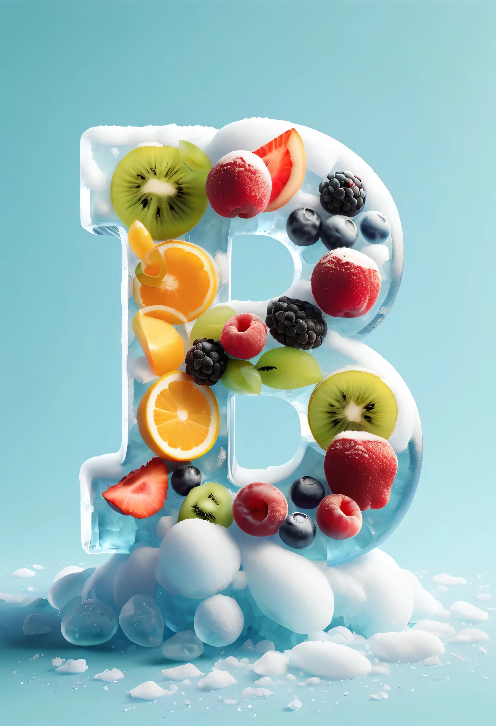 (best quality,4K,8k,high resolution,masterpiece:1.2),Super detailed,(actual,photoactual,photo-actual:1.37),Creative font design,icy texture,crystal ice,snow,cold,snowflakes,crack,summer,Delicious fruits,Detailed ice texture,dark background,sparkling texture,frozen mail,flashing icy patterns,refreshing colour,Fruit slices in the sun,Juicy grapes,Chilled watermelon slices,Cool sensation,Juxtaposition of warm and cool colors,Vibrant red strawberries,water drops on fruit,Letter fragments in ice cubes,snow-covered branches,translucent ice shards,crystal clear font,Cool blue tones,Cold format engraving.3D