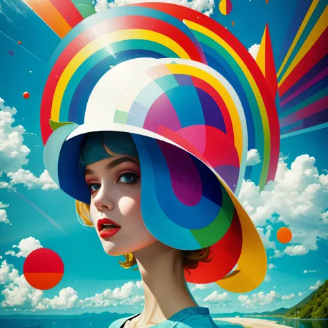 (masterpiece, best quality:1.2), 1 girl, alone，Abstract surreal colors, popular geometric surrealism, rainbow colored dreams