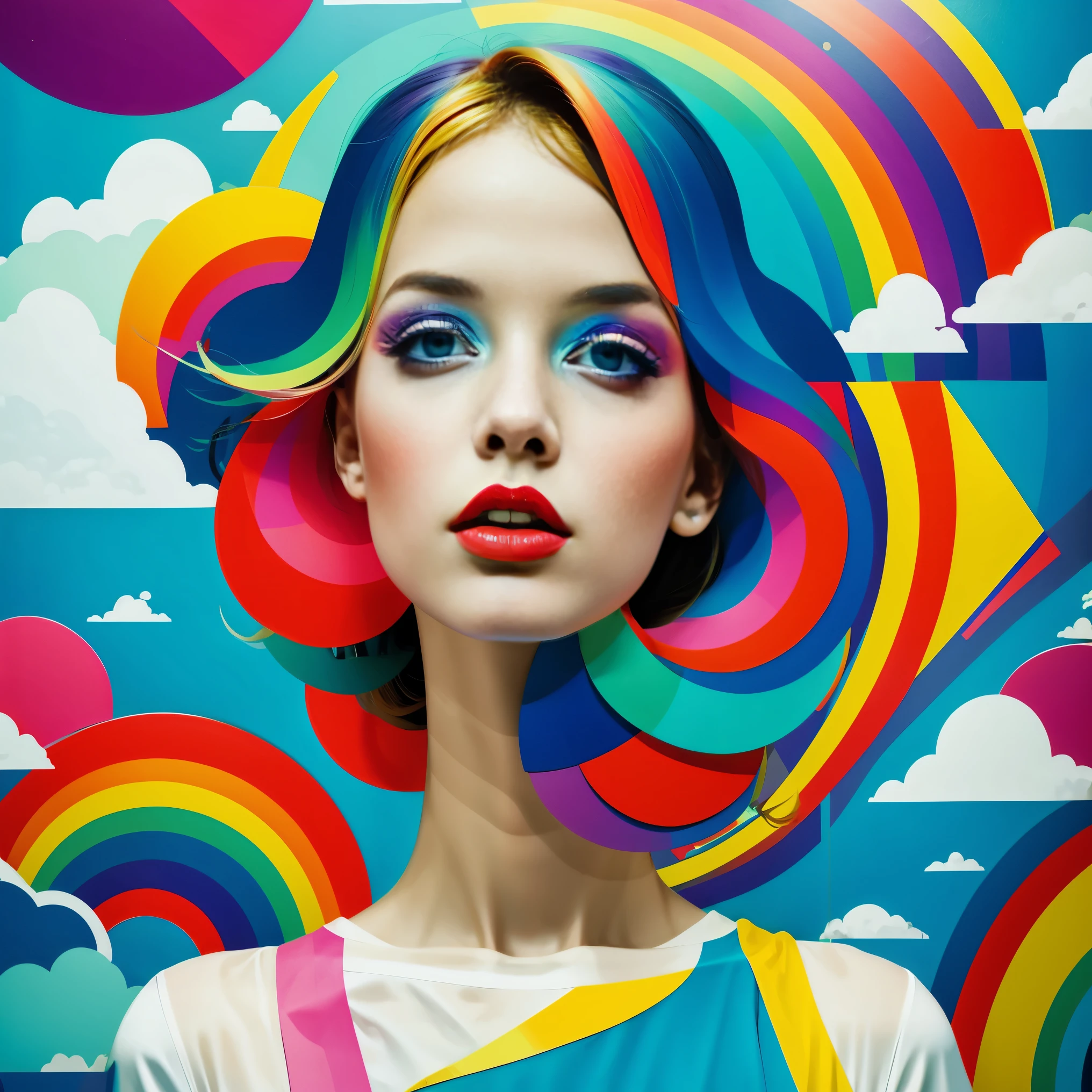 (masterpiece, best quality:1.2), 1 girl, alone，Abstract surreal colors, popular geometric surrealism, rainbow colored dreams