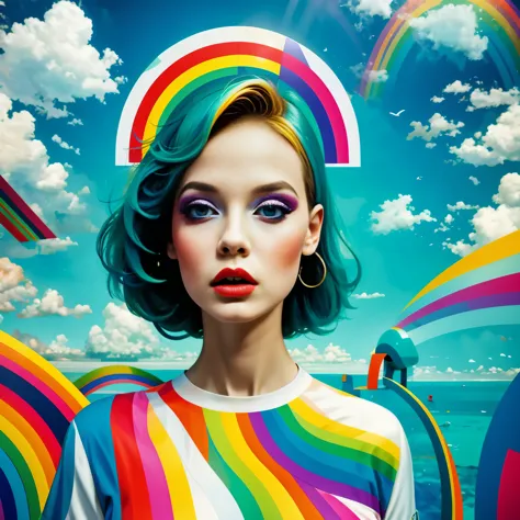 (masterpiece, best quality:1.2), 1 girl, alone，Abstract surreal colors, popular geometric surrealism, rainbow colored dreams