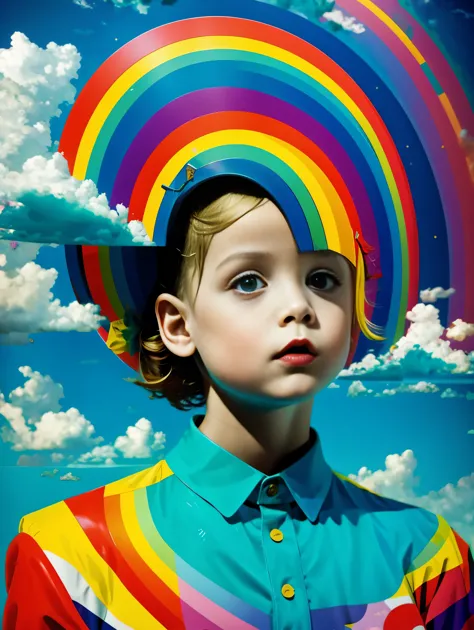 (masterpiece, best quality:1.2), 1 child, alone，Abstract surreal colors, popular geometric surrealism, rainbow colored dreams