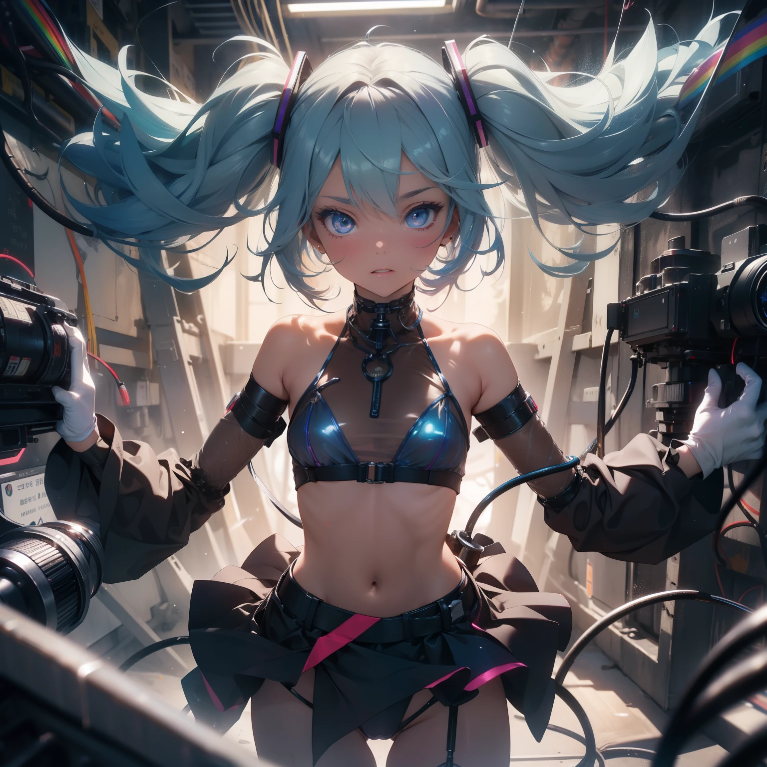 (quality)), ((masterpiece)), Recommended results、Puffy nipples、(see through:1.5)、straighten your back、abdominal muscles、huge bust、angle to floor:1.2、low camera angle、Hair loss on crotch，hatsune miku，super detailed)), (Very detailed CG illustrations), ((extremely delicate and beautiful)),(1 white transparent mechanical girl)),alone,whole body,(Machine made joints:1.2),((mechanical limbs)),(Flashing blood vessel points connected to tubes),(Mechanical vertebrae attached to the back，with flowing glitter.),((Flowing rainbow fixed around neck)),perfect round face,(wires and cables attaching to neck:1.2),(Rainbow wires and cables on the head:1.2)(Character focus),,Very detailed,rich and colorful,most detailed，white ceramic skin，maidennurse，demon，，vampire