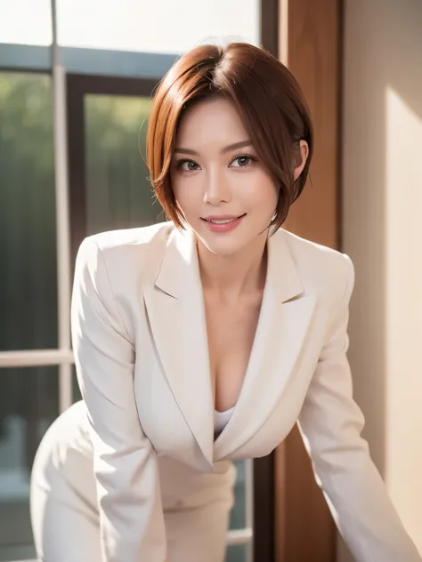 masterpiece,highest quality, (1 milf、44 years old), ((close:0.5)), ((cross arms)), glare, gray blazer, white shirt, double eyelid, eyelash, lip gloss, (smile:1), ((close your eyes:0.85)), ((looking at the viewer、The whole body is shown、Are standing)), born...