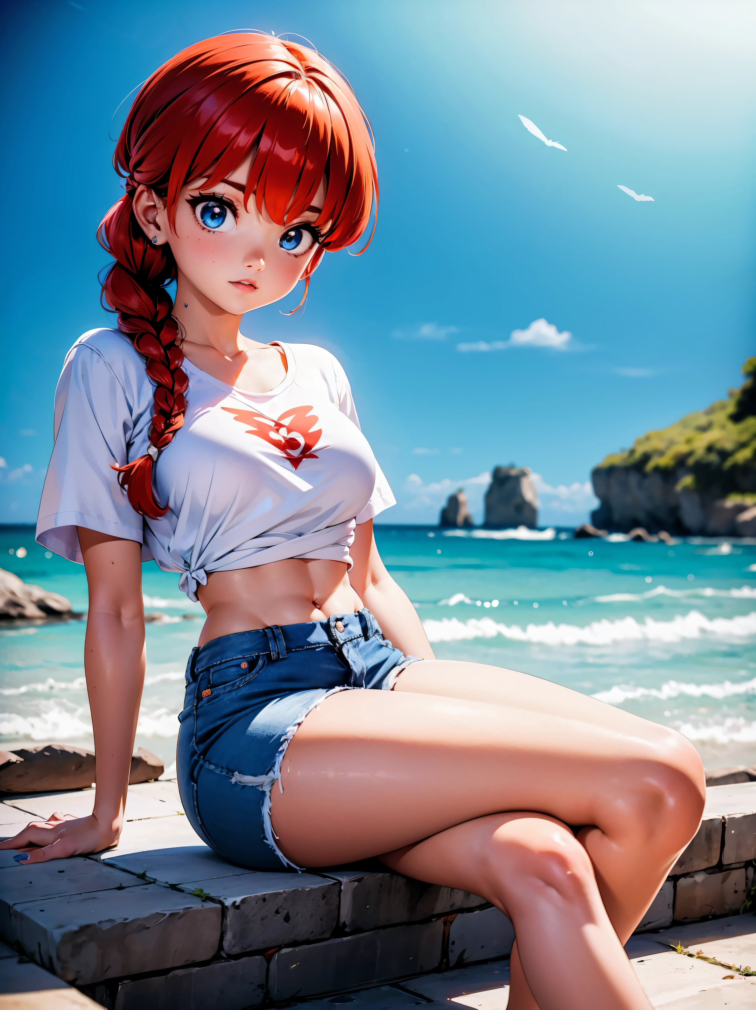 Anime girl rousse avec un short en jean bleu et un chemisier violet, 16 ANS, accroupi, assis avec les jambes croisées, beau corps, gros seins, avec tes mains derrière la tête, passer tes mains dans tes cheveux, fille sexy, red cheveux avec tresse, éclairage magnifique, ombres douces, yeux bleus, belles jambes, cheveux avec tresse, style animé, Ranma chan, Autora Rumiko Takahashi, D&#39;après une œuvre de Rumiko Takahashi, Anime Ranma 1/ 2, déco sexy, hanche robuste, tout le corps, tout le corps, gros buste, jeune fille avec un beau et beau corps, sandales aux pieds, petite jeune fille, portant un short en jean bleu et un beau chemisier violet, fille animée, style animé, beaux pieds en sandales, assis par terre, Angle de vision 45°