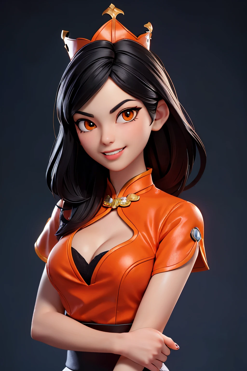 (lifelike,high resolution：1.3）， A slim girl， The face shape and eyes are super delicate,black hair,red glossy lips,(beautiful face), (best quality), (Super detailed), (Extremely detailed CG unified 8k wallpaper),Orange cheongsam,A little cleavage,black skirt,orange eyes,Female dealer,crown,Smile,Show teeth