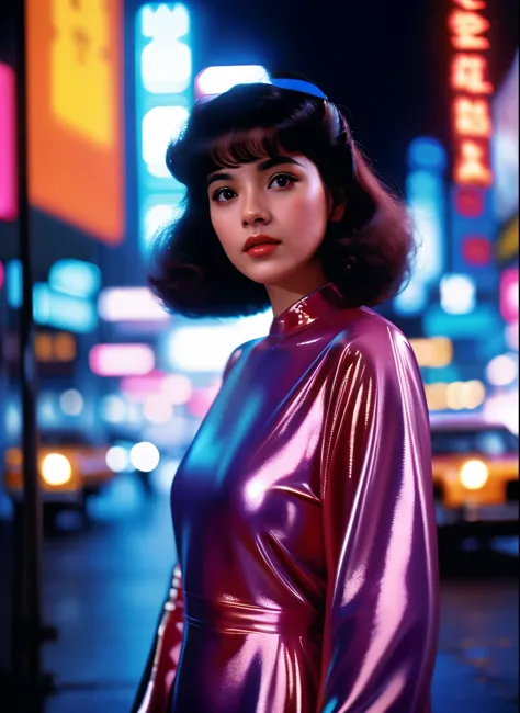 1girl, rosto detalhado, triste, holograma, vestido prateado futurista, coreana, estilo blade runner, 1984 dvd filme, cabelo rosa...