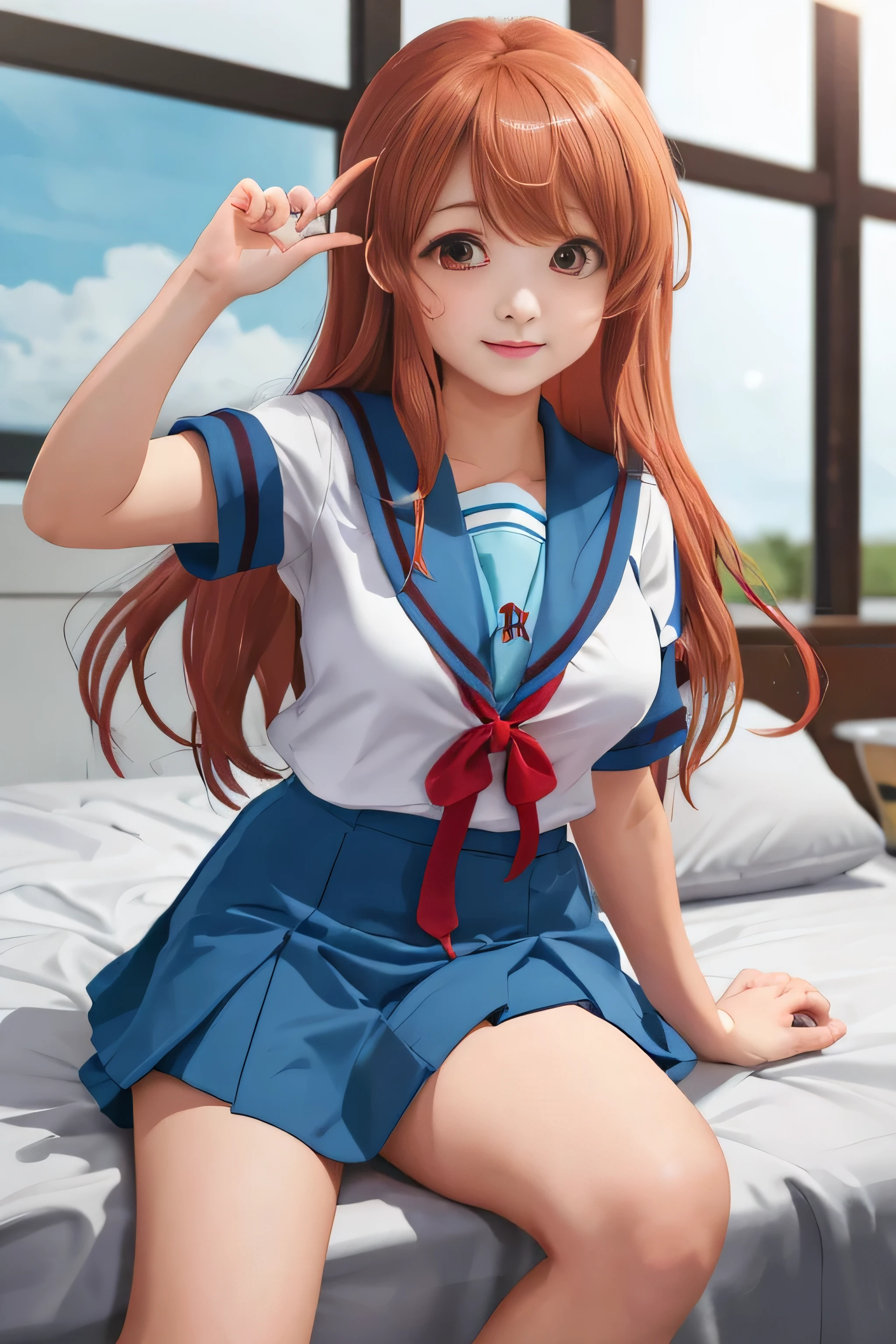 RAW image quality、masterpiece、highest quality、High resolution、Mikuru 1、1 girl、Mikuru Asahina、long hair、North College Uniform、alone、青いsailor color、sailor color、serafuku、青いskirt、skirt、short sleeve、red ribbon、big breasts、