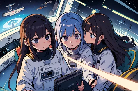 Girl, science fiction, uniform, spaceship, yuri, cute, action, adventure, futuristic setting, space travel, young heroine, inter...