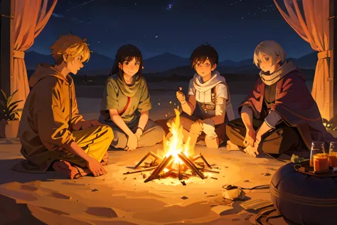 Prompt People: Desert nomads, desert clothes, several people, sitting around a campfire, (telling stories)

Prompt Scenario: Nig...