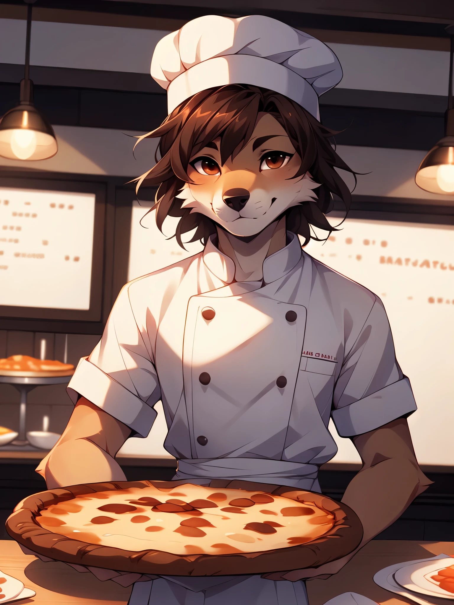 jaiden, seulement, par fumiko, par Hyattlen, par Hioshiru, loup brun mâle, joli museau, nez noir, cheveux bruns et hirsutes, yeux marrons,  portant un grand chapeau de chef, tenue de chef blanche, dans un restaurant italien, placer une grande pizza sur la table, vue de face,  