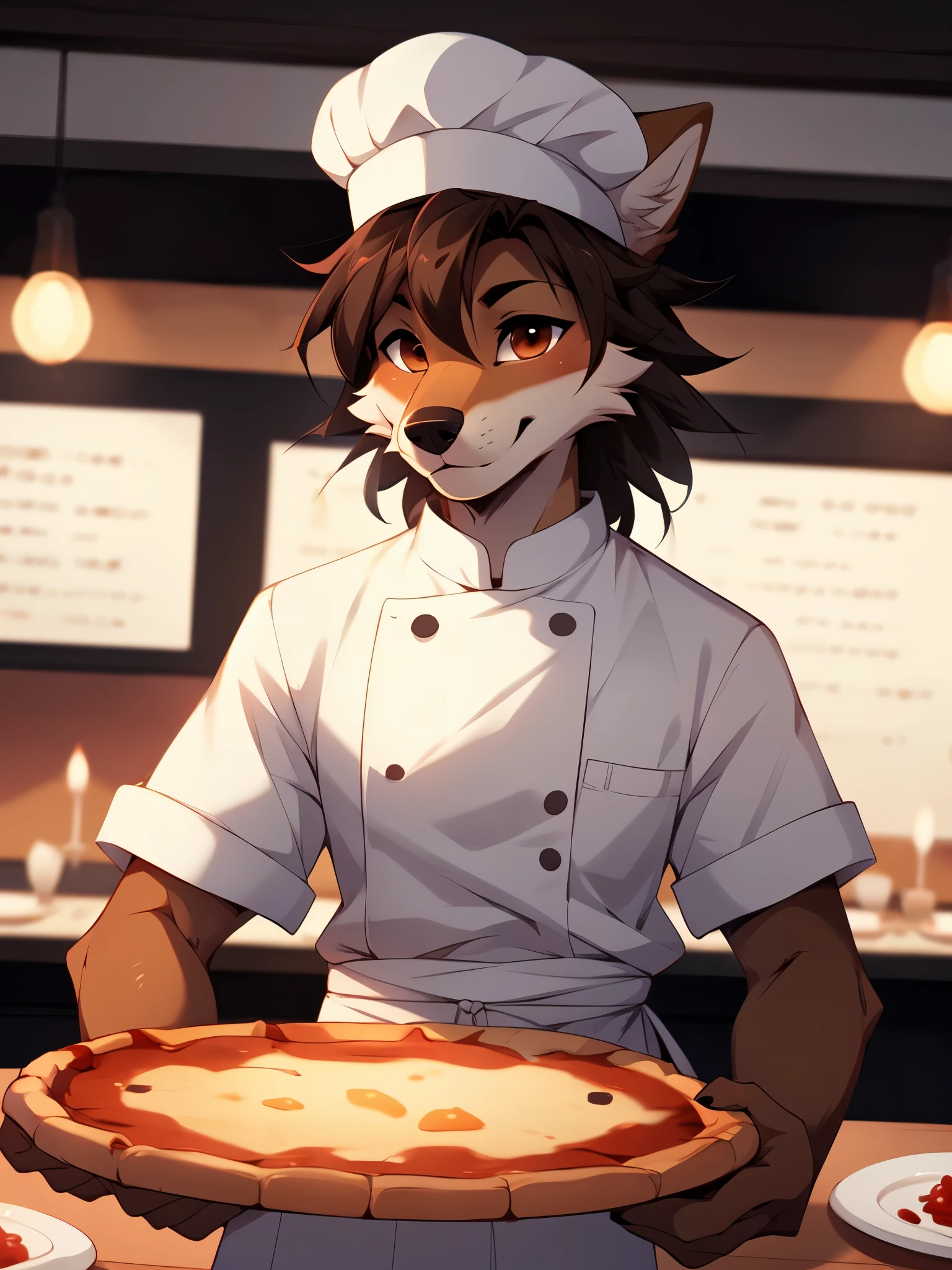 Jaiden, solo, by fumiko, by hyattlen, by hioshiru, male brown wolf, cute snout, black nose, brown shaggy hair, brown eyes,  wearing tall chefs hat, white chefs outfit, in an Italian restaurant, placing a large pizza on the table, front view,  