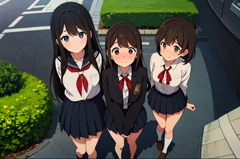 (Three Women:1.5)　,dark brown hair,black hair,（nose blush:1.7） ,surprised,open your mouth,(school uniform),（Panties are fully vi...