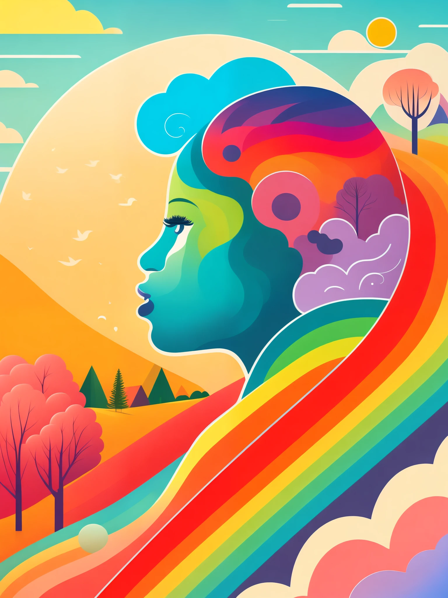 art illustration，rainbow，portrait，portrait，trees，rich and colorful, rainbow, small , Contrasting colors, in the spring landscape, icon design, Rozmin trip, vector art