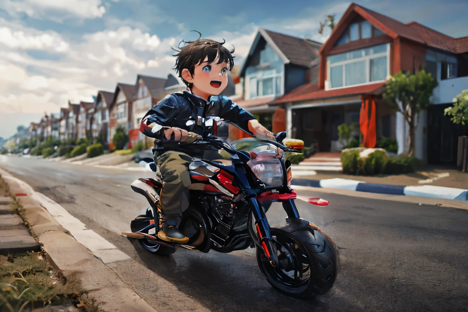 arafed boy riding a toy motorcycle down a street in front of a row of houses, kid, riding a motorcycle, riding a motorbike, little kid, riding a motorbike down a street, motorbiker, cute boy, motorcycle, mid shot portrait, boy, next gen, young boy, motorbike, biker, avatar image, high quality portrait, by Abidin Dino