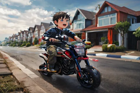 arafed boy riding a toy motorcycle down a street in front of a row of houses, kid, riding a motorcycle, riding a motorbike, litt...