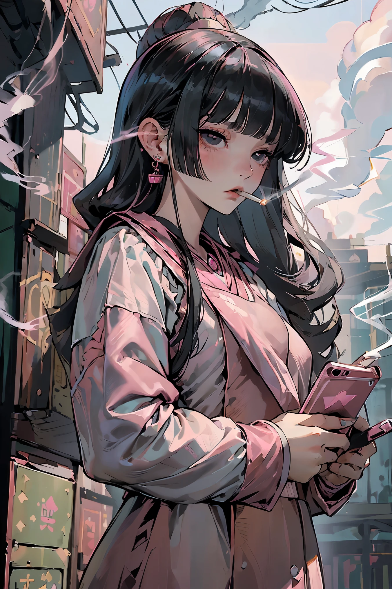 Masterpiece, best quality, high quality, ultra detailed, cowboy shot, 1girl, blunt bangs, hime cut, (((long twin-taillack hair, black eyes, pink sailor uniform, lots of earring, expressionless, smoking girl, holding a smartphone