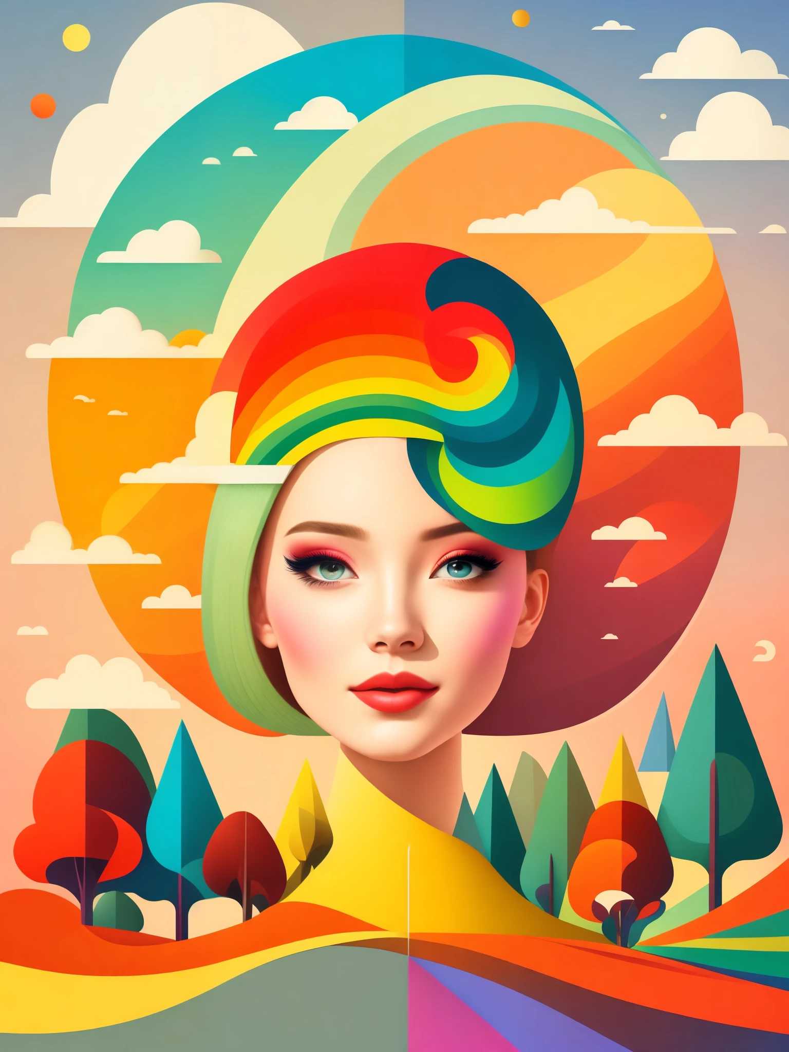 art illustration，rainbow，portrait，portrait，trees，rich and colorful, rainbow, small , Contrasting colors, in the spring landscape, icon design, Rozmin trip, vector art，(masterpiece, best quality:1.2), 1 girl, alone，Abstract surreal colors, popular geometric surrealism, rainbow色的梦想