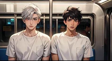 There are two handsome silver-haired boys, they are 15 years old, traveling together in the subway in Mexico, they are wearing w...