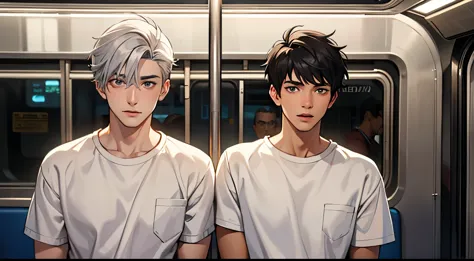 there are two handsome silver-haired boys, they are 15 years old, traveling together in the subway in mexico, they are wearing w...