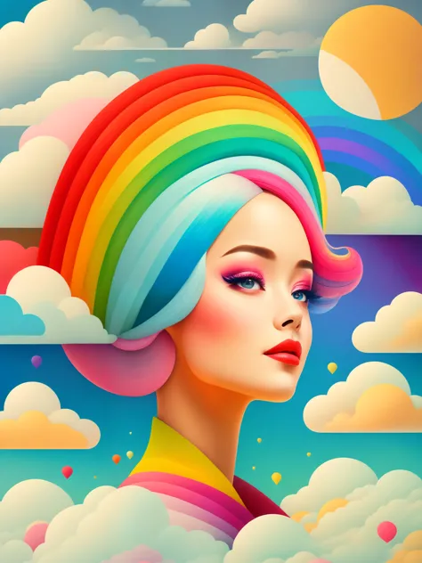(masterpiece, best quality:1.2),art illustration，girl portrait，hair by clouds，Baiyun，rainbow，The composition，stitching，trees， ra...