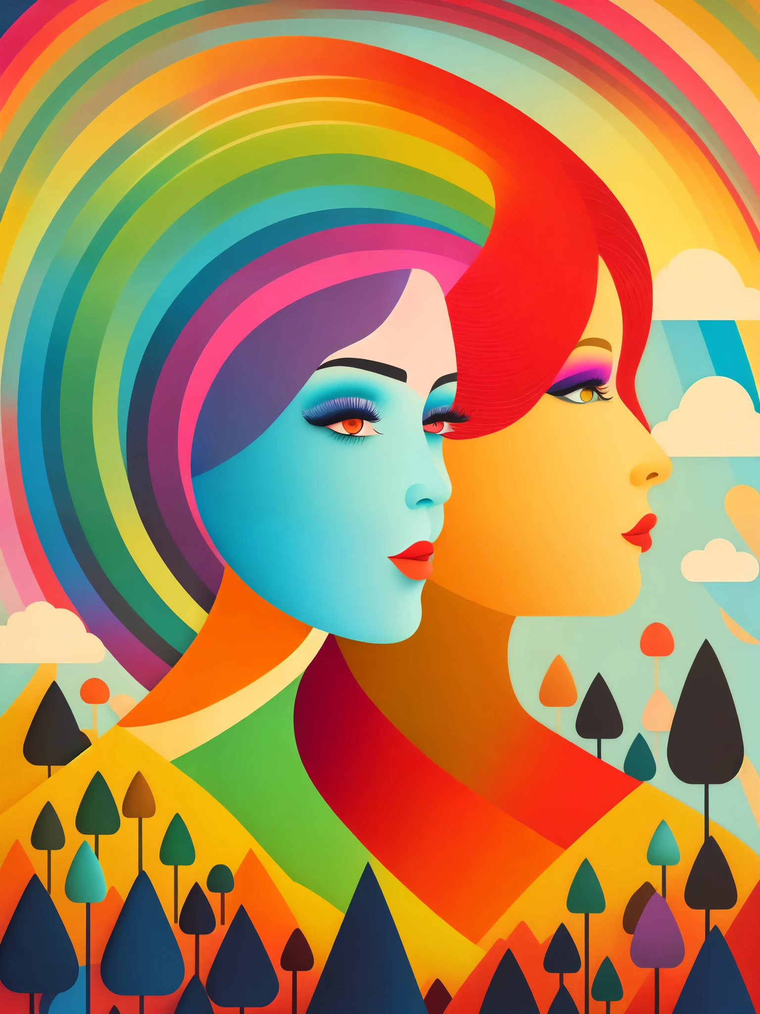 art illustration，rainbow，portrait，portrait，trees，rich and colorful, rainbow, small , Contrasting colors, in the spring landscape, icon design, Rozmin trip, vector art，(masterpiece, best quality:1.2), 1 girl, alone，Abstract surreal colors, popular geometric surrealism, rainbow色的梦想，Rich levels，shadow