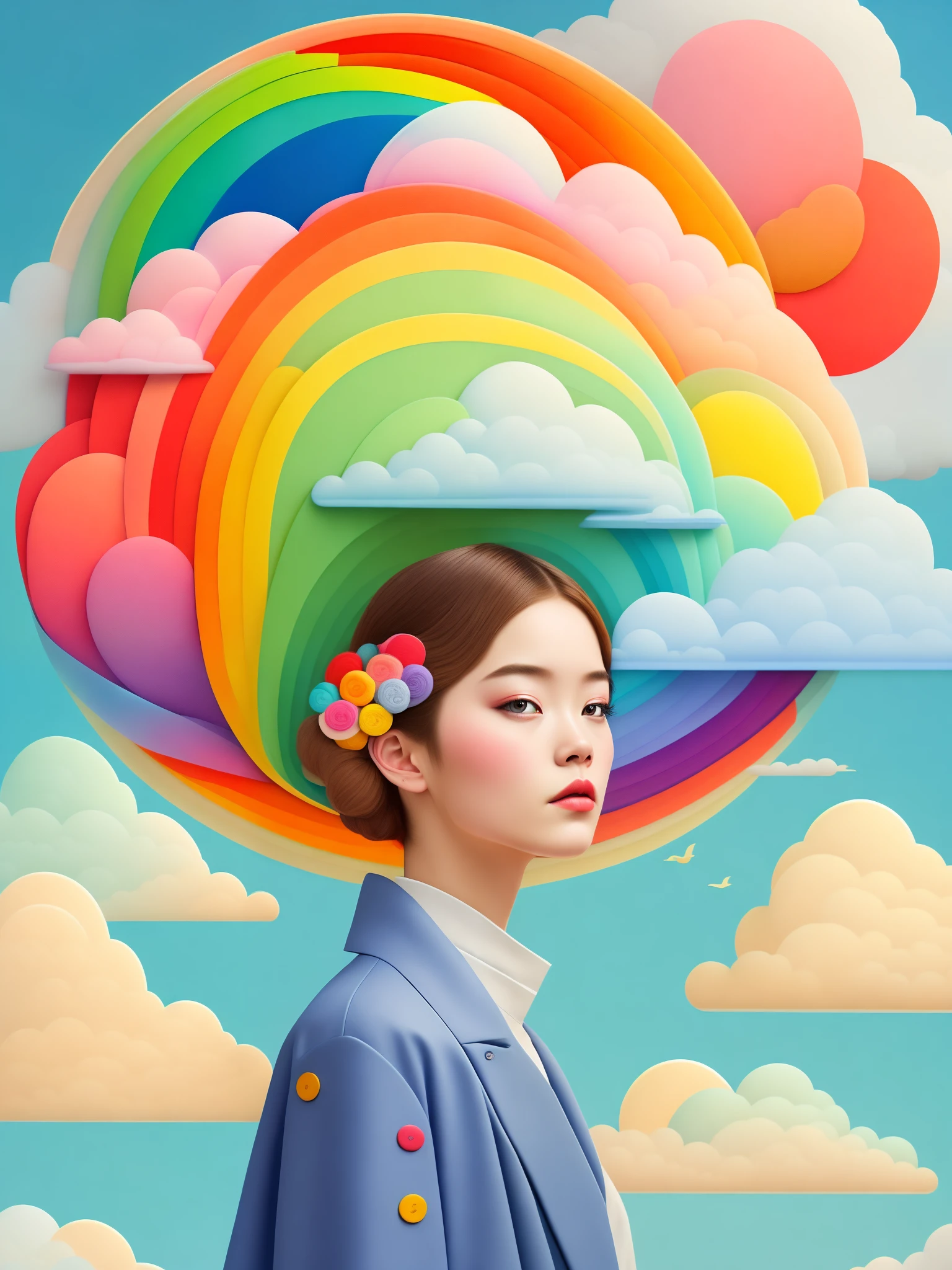 (masterpiece, best quality:1.2),art illustration，girl portrait，often neck，hair by clouds，Baiyun，rainbow，The composition，stitching，trees， rainbow,  , Contrasting colors, in the spring landscape, Abstract surreal colors,rich and colorful, popular geometric surrealism, rainbow色的梦想， icon design, Rozmin trip, vector art，