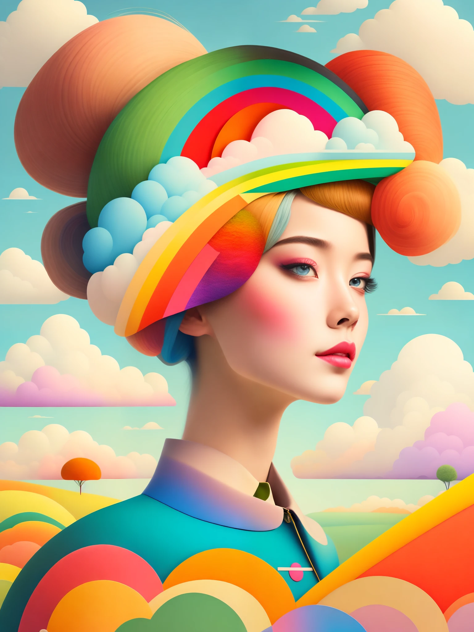 (masterpiece, best quality:1.2),art illustration，girl portrait，often neck，hair by clouds，Baiyun，rainbow，The composition，stitching，trees， rainbow,  , Contrasting colors, in the spring landscape, Abstract surreal colors,rich and colorful, popular geometric surrealism, rainbow色的梦想， icon design, Rozmin trip, vector art，