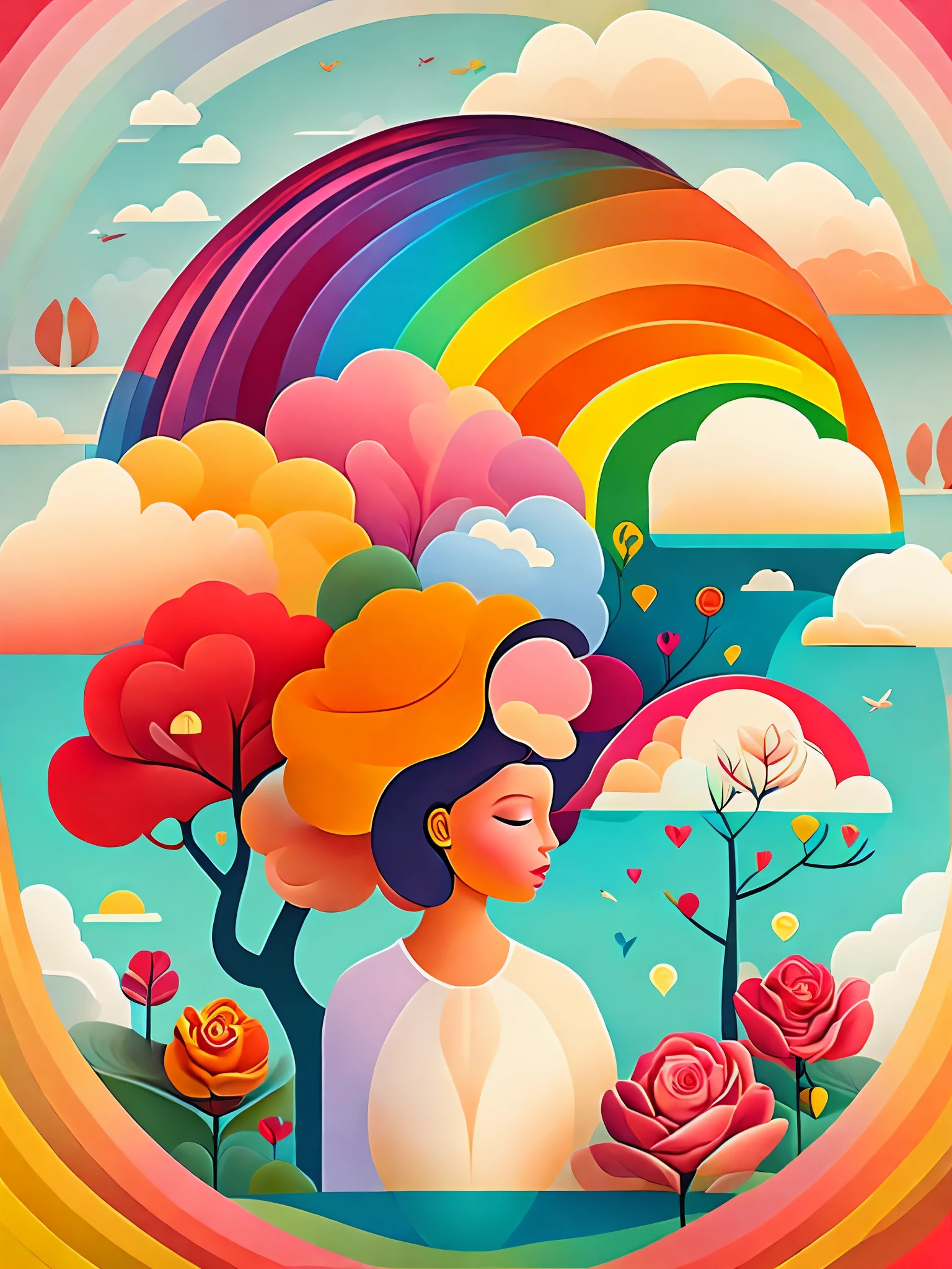 artistic illustration,rainbow,portraits,portrait,tree,diverse,colorful,rainbow,small,contrasting colors,in a spring landscape,icon design,journey of roses,vector art,(masterpiece:1.2),1 girl,alone,abstract surrealistic colors,trendy geometric surrealism,rainbow-colored dreams