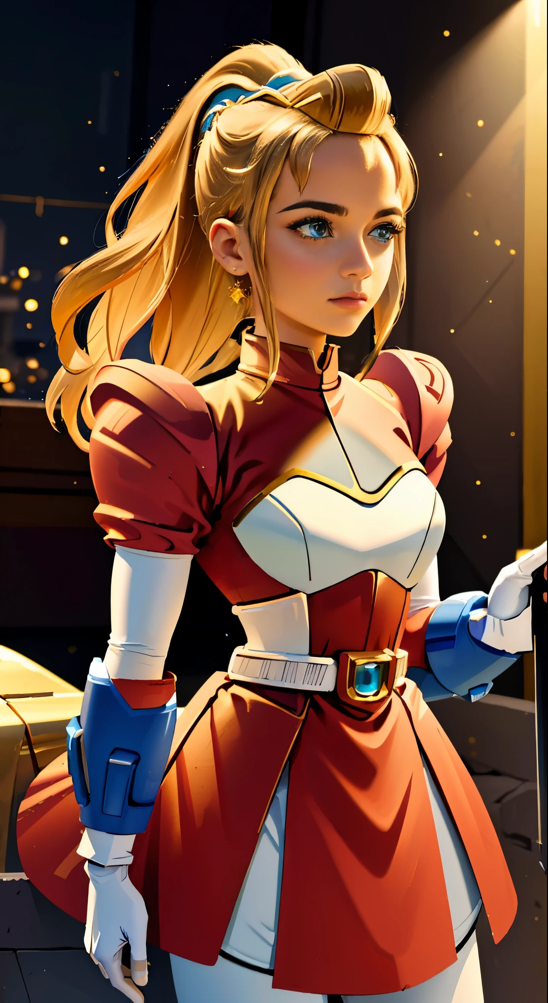 (best quality,highres,masterpiece:1.2),(realistic:1.37),ultra-detailed,Adora wearing (Megaman X) Iris's outfit,(She-Ra's white armor design),thick white armor,white armored skirt,white gloves with golden accents,long blonde hair flowing in the wind,powerful and confident stance,sparkling blue eyes with determination,shining gold tiara adorning her forehead,gorgeous golden accents highlighting the edges of the armor,vivid colors illuminating the scene,bokeh lights in the background,imposing studio lighting to bring out the details,medium:oil painting,sharp focus,portraits,                                         
(turquoise, pale pink, and gold color tones),(angelic lighting)