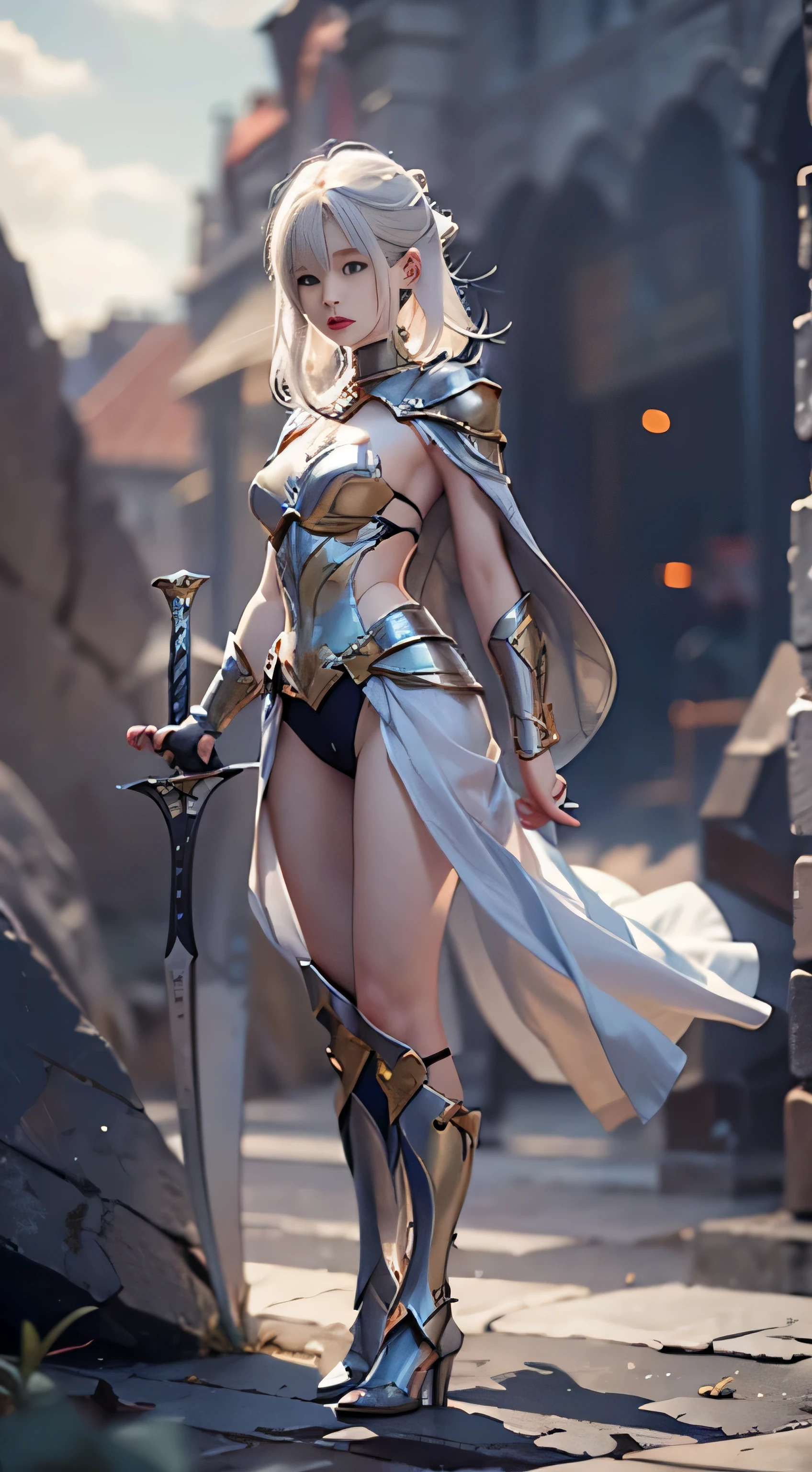 (NSFW), 1 female, one personで, 16 years old, 7 Head and body, (cute face), (ideal body proportions), length , fantasy, magic effect, ((West Cape Armor)), holding a greatsword, sexy body, strong wind, The costume is sheer, Wet, short hair, bright silver hair, , thin, small ass, beautiful feet, thin脚, surrealism, cinematic lighting, written boundary depth, one person&#39;point of view, f/1.8, 135mm, nffsw, table top, Accurate, ((anatomically correct)), rough skin, Super detailed, advanced details, high quality, award-winning, 最high quality, High resolution, 8K