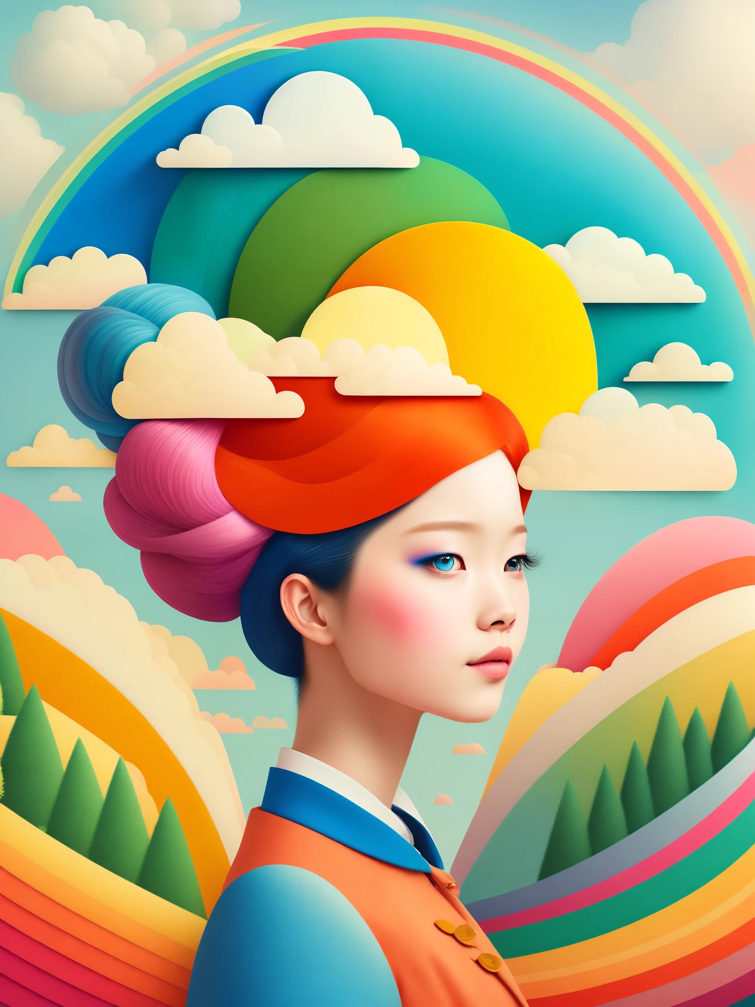 (masterpiece, best quality:1.2),art illustration，girl portrait，often neck，hair by clouds，Baiyun，rainbow，The composition，stitching，trees， rainbow,  , Contrasting colors, in the spring landscape, Abstract surreal colors,rich and colorful, popular geometric surrealism, rainbow色的梦想， icon design, Rozmin trip, vector art，