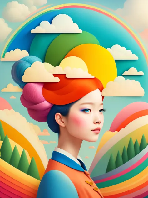 (masterpiece, best quality:1.2),art illustration，girl portrait，often neck，hair by clouds，Baiyun，rainbow，The composition，stitchin...