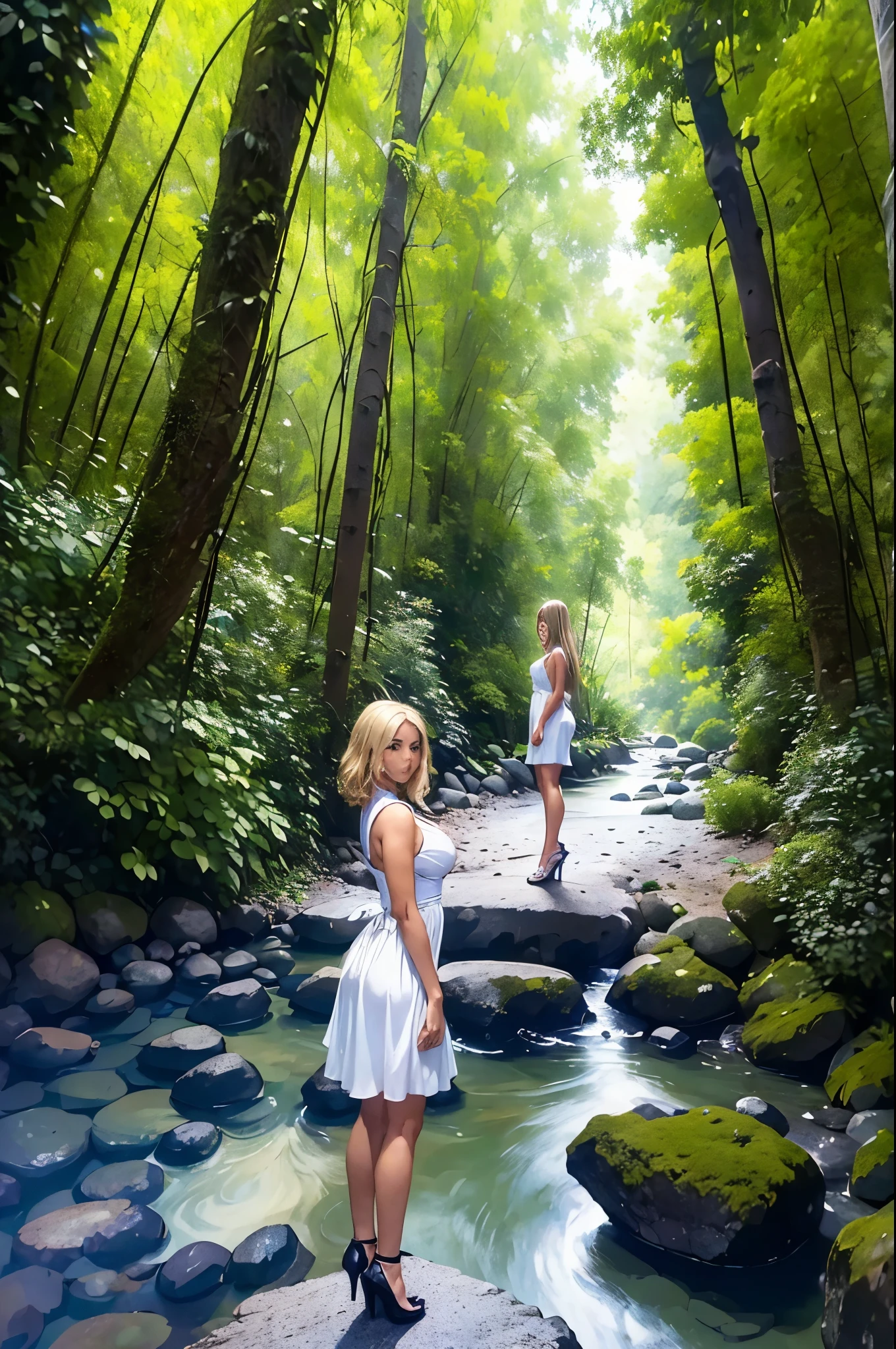 ((最好的品質)), ((傑作)), (詳細的), 完美的臉型, 一個美麗, 動漫風格的金髮女孩站在河邊的石路上. 她穿著白色短裙和高跟鞋. 周圍的環境是樹木繁茂的森林和雲彩繚繞的天空.